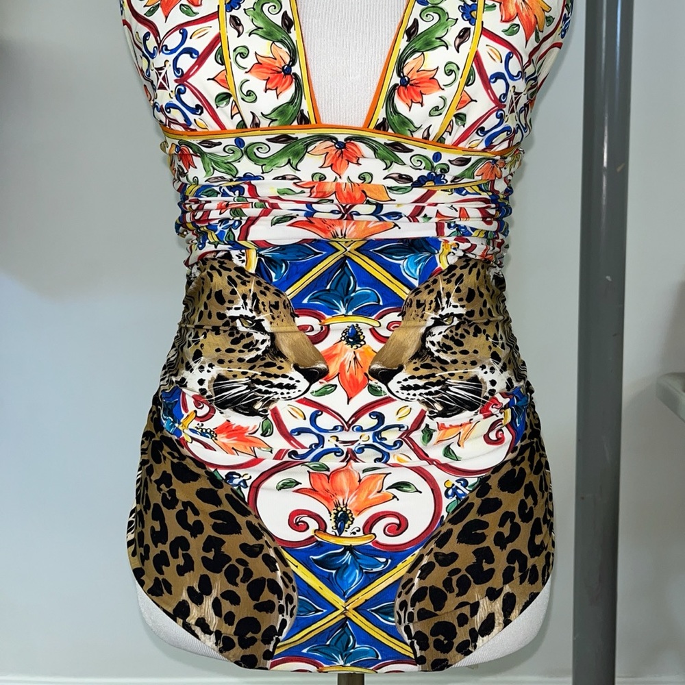 ***SOLD*** DOLCE & GABBANA HALTER RUSHED SICILY MAJOLICA LEO SWIMWEAR SWIMSUIT